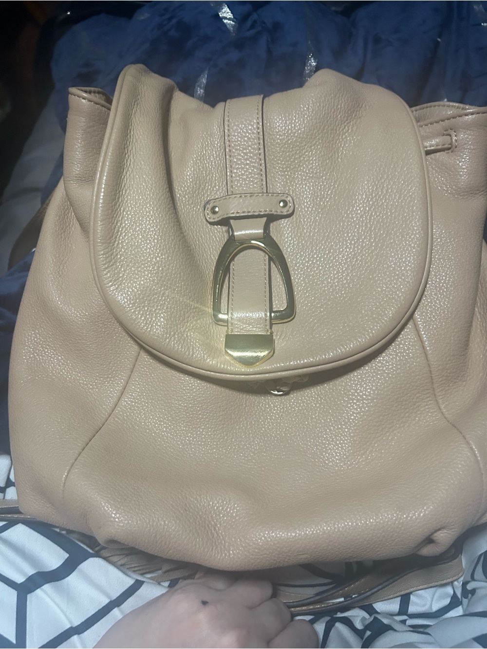 G.I.L.I. Cream Pebbled Leather Backpack with Gold-Tone Buckle
